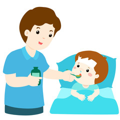 Father giving son medicine vector illustration.
