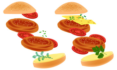 Fried cutlet and bread. Sandwich with cheese. Roasted steak on the bread on white background. Meat rissoles, tomato, onion, lettuce. Vector illustration for a recipe, restaurant menu, kitchen interior