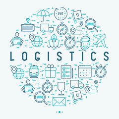 Logistics concept in circle with thin line icons of delivery, box, airplane, train, marine, crane, globe with pointer. Vector illustration for banner, web page, print media.
