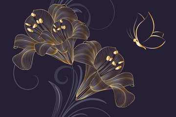 Abstract golden seamless hand drawn floral pattern with lily flowers
