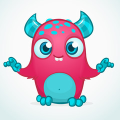 Happy cartoon monster. Halloween pink furry monster. Big collection of cute monsters. Halloween character. Vector illustrations. Good for book illustration, magazine prints or journal article