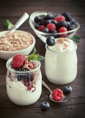 Berries, flakes and fresh greek yogurt retro styled