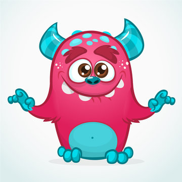 Cute colorful happy cartoon monster. Vector fat monster mascot character. Halloween design for party decoration, print or children book