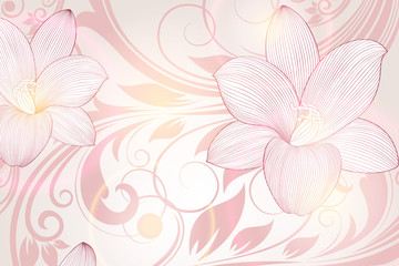 Fototapeta na wymiar Hand-drawing monochrome floral background with flowers lily