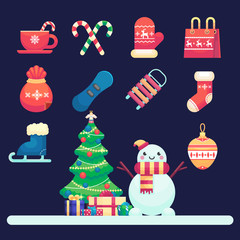 Merry christmas icons, snowman, Decorated christmas tree and gifts Vector colorful illustration in flat style