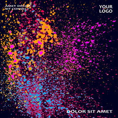 Neon explosion paint splatter artistic cover frame design. Decorative orange splash spray texture purple dark background. Trendy template vector Cover Report Catalog Brochure Flyer Poster Banner