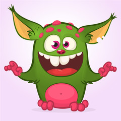 Cartoon laughing green monster. Vector illustration of green  monster isolated. Halloween design