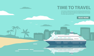 The cruise ocean liner passenger of a tropical sea landscape with palm trees and the sandy beach.The city on the island for summer holiday of tourists during the holiday.In flat a vector.