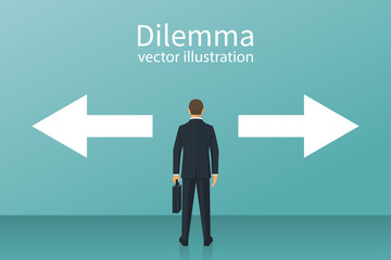 Dilemma concept. Businessman standing two arrows in different directions. Vector illustration flat design. Isolated on background. Choice way. Decision business metaphor. Human before choosing. 