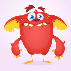 Cute happy cartoon monster. Vector illustration of red monster mascot
