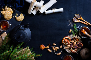 Christmas theme, Hot drinks and pastry, fir tree and presents.