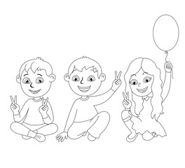 Three happy children, best friends. Black and white outline