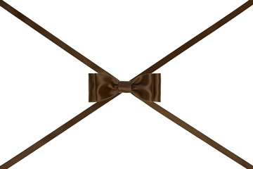 Single chocolate silk bow with crossed ribbons on white background