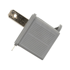 Side view of a three to two electrical polarized receptacle plug adapter isolated on a white background.