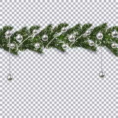 Christmas ornament from the green branches of a fir tree with a shadow and snowflakes. silver balls and beads on the background checkers. illustration