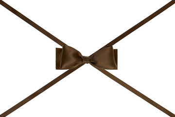 Single chocolate silk bow with crossed ribbons isolated on white