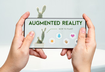 Hand hold mobile phone and using augmented reality ( AR ) for see instructor for planting cactus,Digital lifestyle Technology concept.