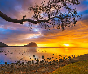 Geweldig landschap. Gezicht op Le Morne Brabant bij zonsondergang. Mauritius.