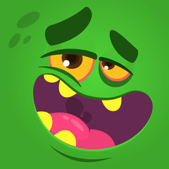 Cartoon laughing funny zombie face with one eye. Vector zombie monster square avatar
