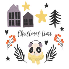 Vector illustrations for kids. Scandinavian style clip-art. Hand drawn animals, and other christmas elements. Panda portrait. Cute design.