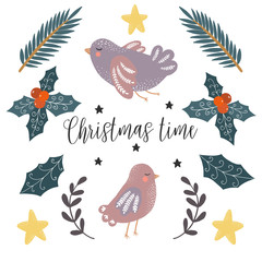 Vector illustrations for kids. Scandinavian style clip-art. Hand drawn animals, and other christmas elements. Birds portrait. Cute design.