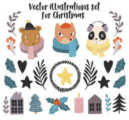 Vector illustrations for kids. Scandinavian style clip-art. Hand drawn animals, and other christmas elements. Fox,bear and panda portraits. Cute design.