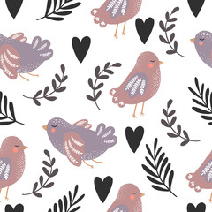 Vector illustrations for kids. Scandinavian style seamless pattern. Hand drawn animals and branches. Bird portraits. Cute design.