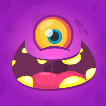 Cartoon cute monster face avatar with one eye. Vector illustration