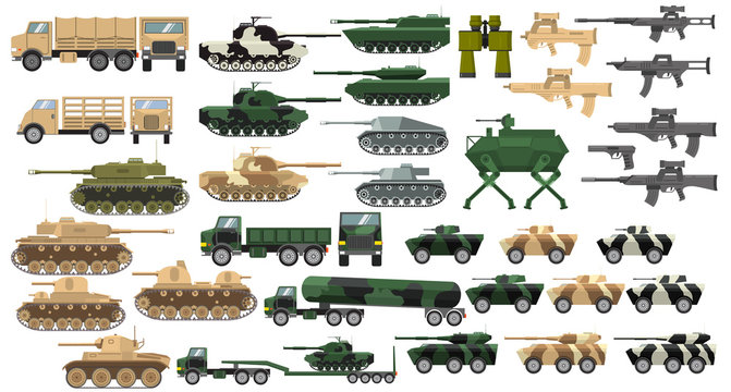 Modern army military tanks and World War II with towers and guns. Infantry fighting vehicle and cars with machine guns. Self-propelled artillery cannons. Trucks. Firearms. Rifles and guns.