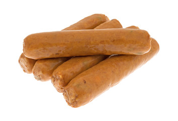 Several cheddar cheese and jalapeno pepper sausages isolated on a white background.
