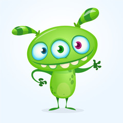 Cute blue monster cartoon with funny expression. Halloween vector illustration of fat furry troll or gremlin monster isolated