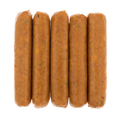 Top view of several cheddar cheese and jalapeno pepper sausages in a row isolated on a white background.