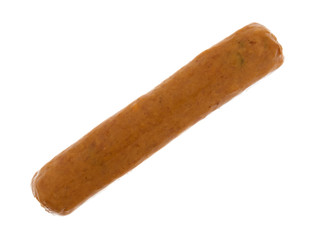 A single cheddar cheese and jalapeno pepper sausage isolated on a white background.