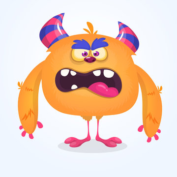 Cute cartoon monster. Vector  furry orange monster character with tiny legs and big horns. Halloween design