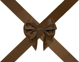 Fototapeta premium Single chocolate satin gift bow with tails with cross ribbons on white background