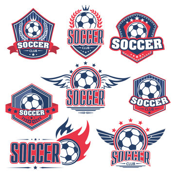 Soccer club, football sport game badge with ball