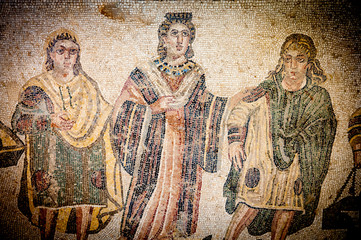 Naklejka premium Old roman mosaics in the famous imperial Villa del Casale in Piazza Armerina, Sicily, Unesco world heritage of the 4th century A.C.