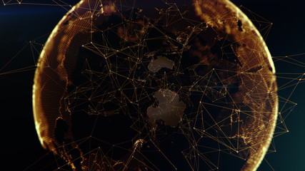 Connection lines Around Earth Globe, Futuristic Technology Theme Background with Light Effect, 3D illustration. Glowing Yellow dots.