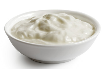 White ceramic bowl of skyr yoghurt isolated on white.