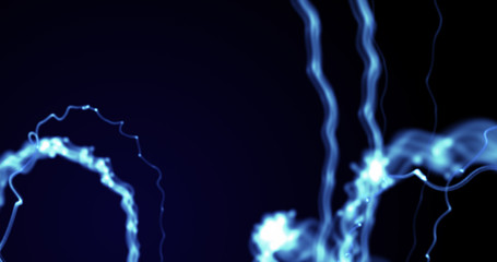 Wavy abstract dark blue perspective background. Glowing blue beams and light waves.