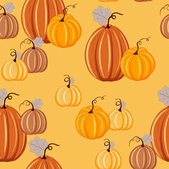 Autumn pumpkin seamless pattern. Vector pumpkin yellow background.