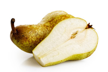 Single abate fetel pear next to a half of pear isolated on white.