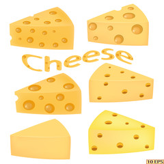 Big piece of cheese in a realistic style, isolated on white background. Sliced cheese on the plate. Sandwich. Vector illustration for advertising food, recipe kitchen interior design.