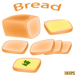 Bread. Bread sliced for sandwiches. Cheese sandwich. Bread with butter. Vector illustration for recipe, menu restaurant, kitchen interior design.