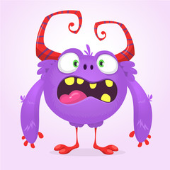 Cute cartoon monster. Vector  furry violet monster character with tiny legs and big horns. Halloween design