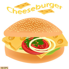 Cheeseburger. Bun with smoked ham and cheese. Hamburger. Sandwich with tomato and smoked meat. Sandwich with butter, herbs, tomato and smoked pork. Vector illustration.