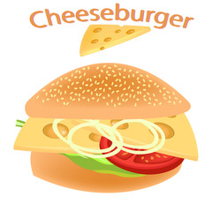 Cheeseburger. Bun with smoked ham and cheese. Hamburger. Sandwich with tomato and smoked meat. Sandwich with butter, herbs, tomato and smoked pork. Vector illustration.