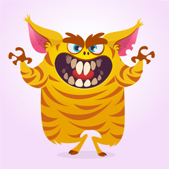Cute cartoon monster. Vector  furry striped orange monster character with tiger look. Halloween design