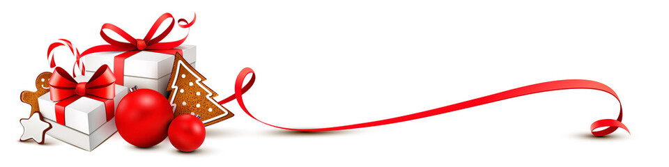 Weihnachtsgeschenke mit Plätzchen, Zuckerstange, Weihnachtskugel und Schleifenband - rot