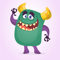 Happy cute cartoon cute monster. Vector monster character waving
